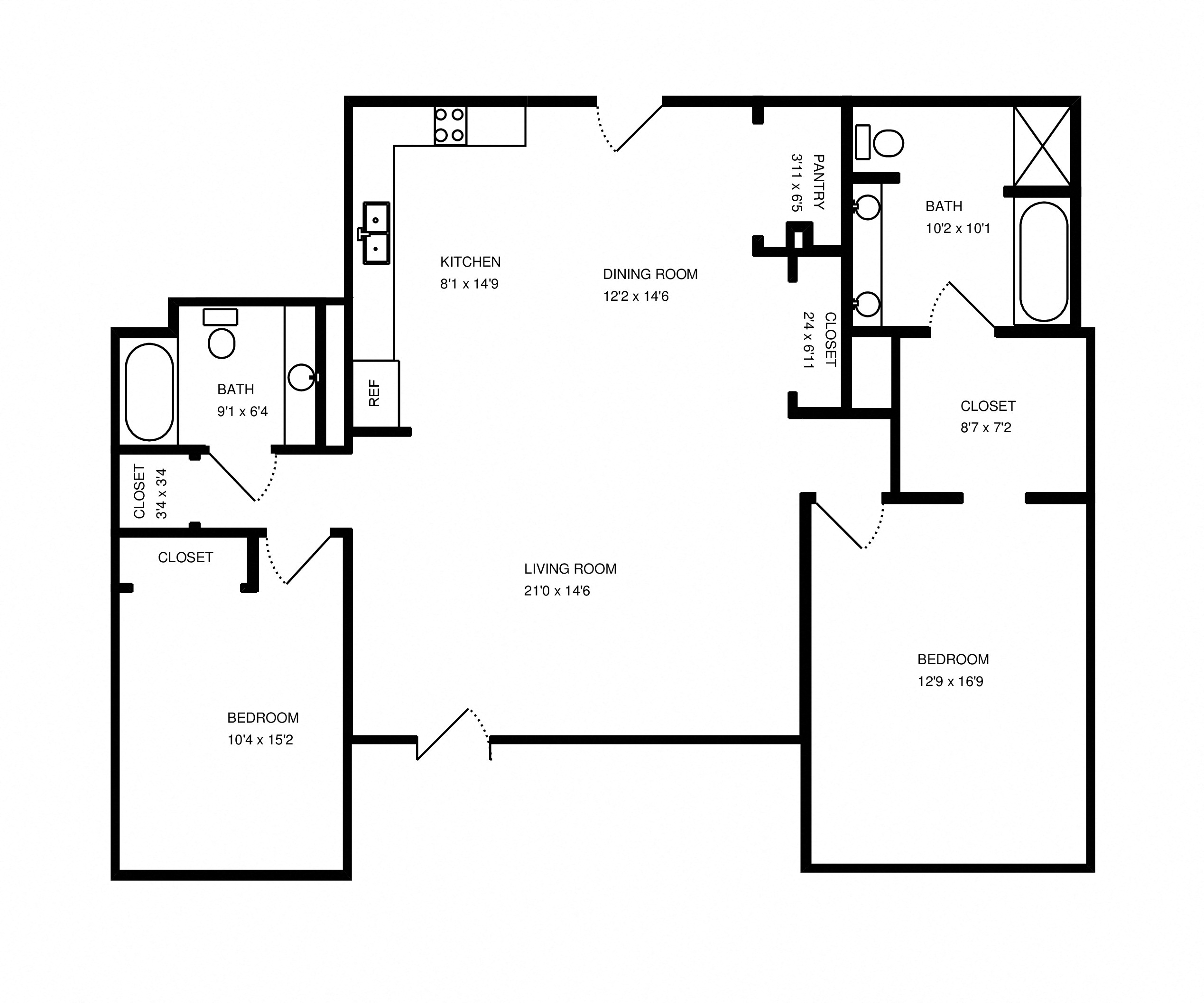Floor plan for 2 beds, 2 baths, 1881 sqft